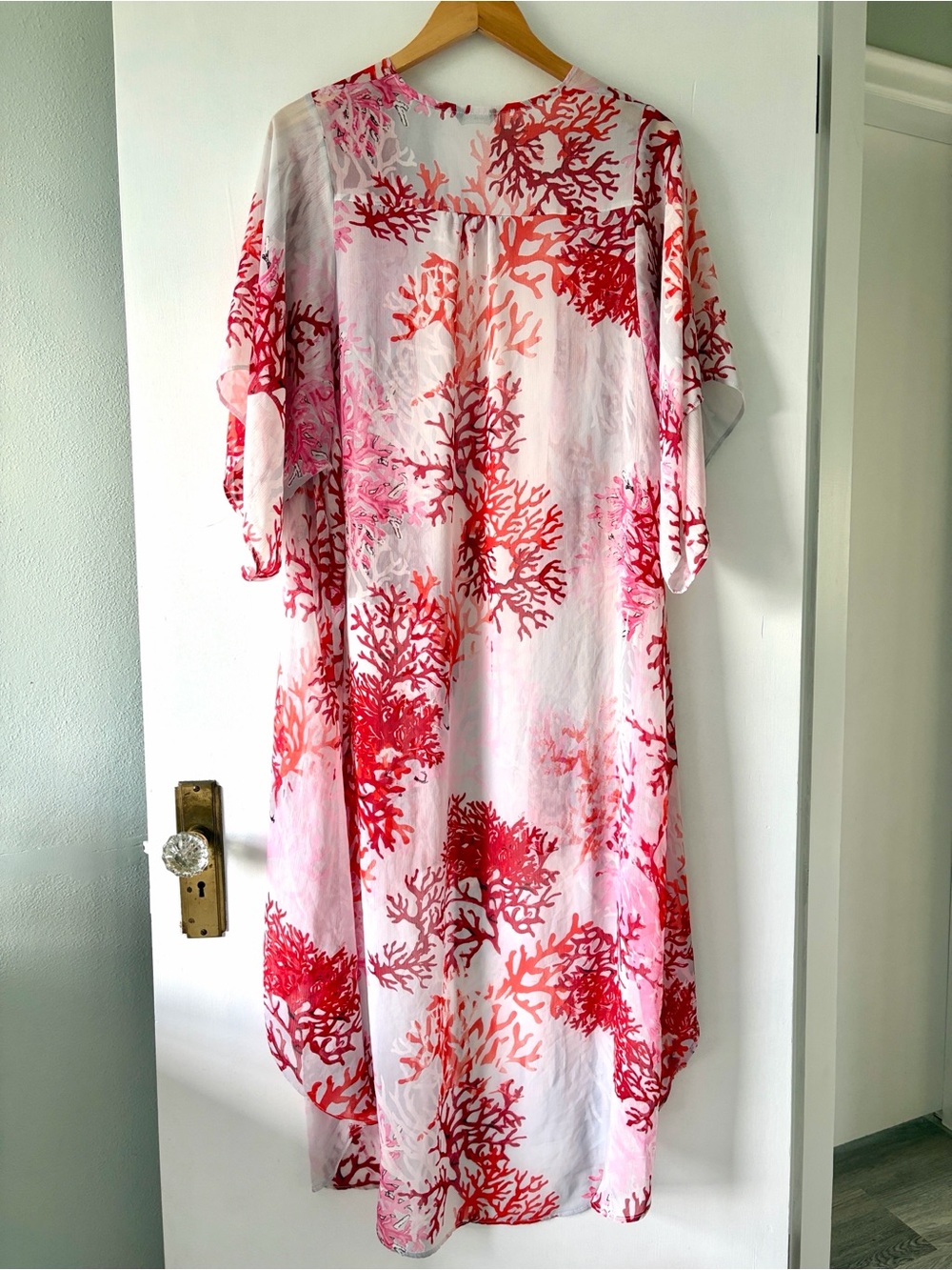 Women's Splash Brand Sheer Cover Up Duster Kimono Coral Pattern